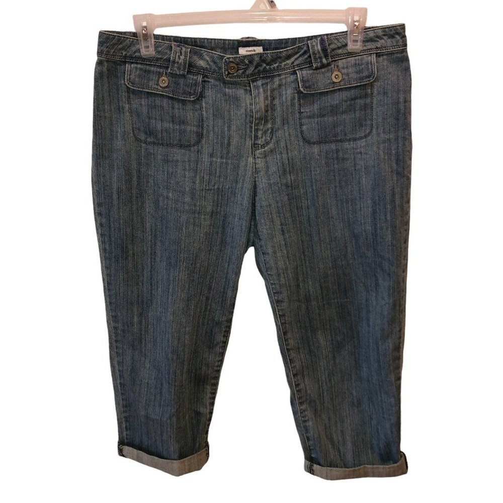 Liz & Co Womens Sz 14 Medium Wash Blue Stretch Cuffed Capri Cropped Denim Jeans